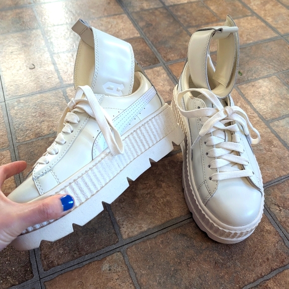 Puma White Platform Sneakers with Ankle Bands | Genuine Leather | Size 7 - Picture 2 of 6